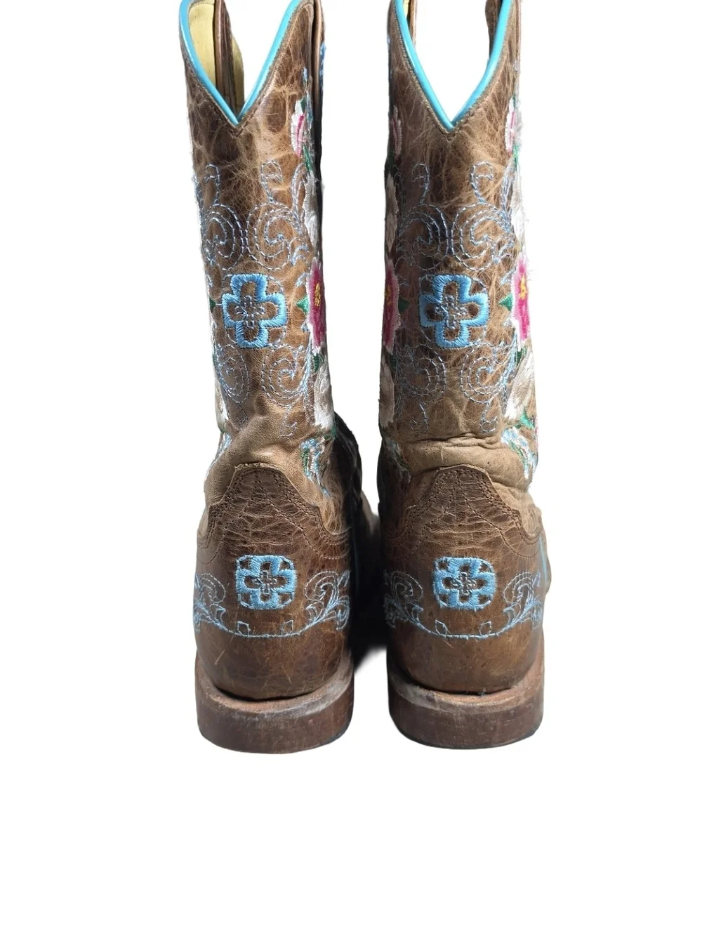 Macie Bean Western Boots Brown Floral Embroidered Square Toe Youth Size 2